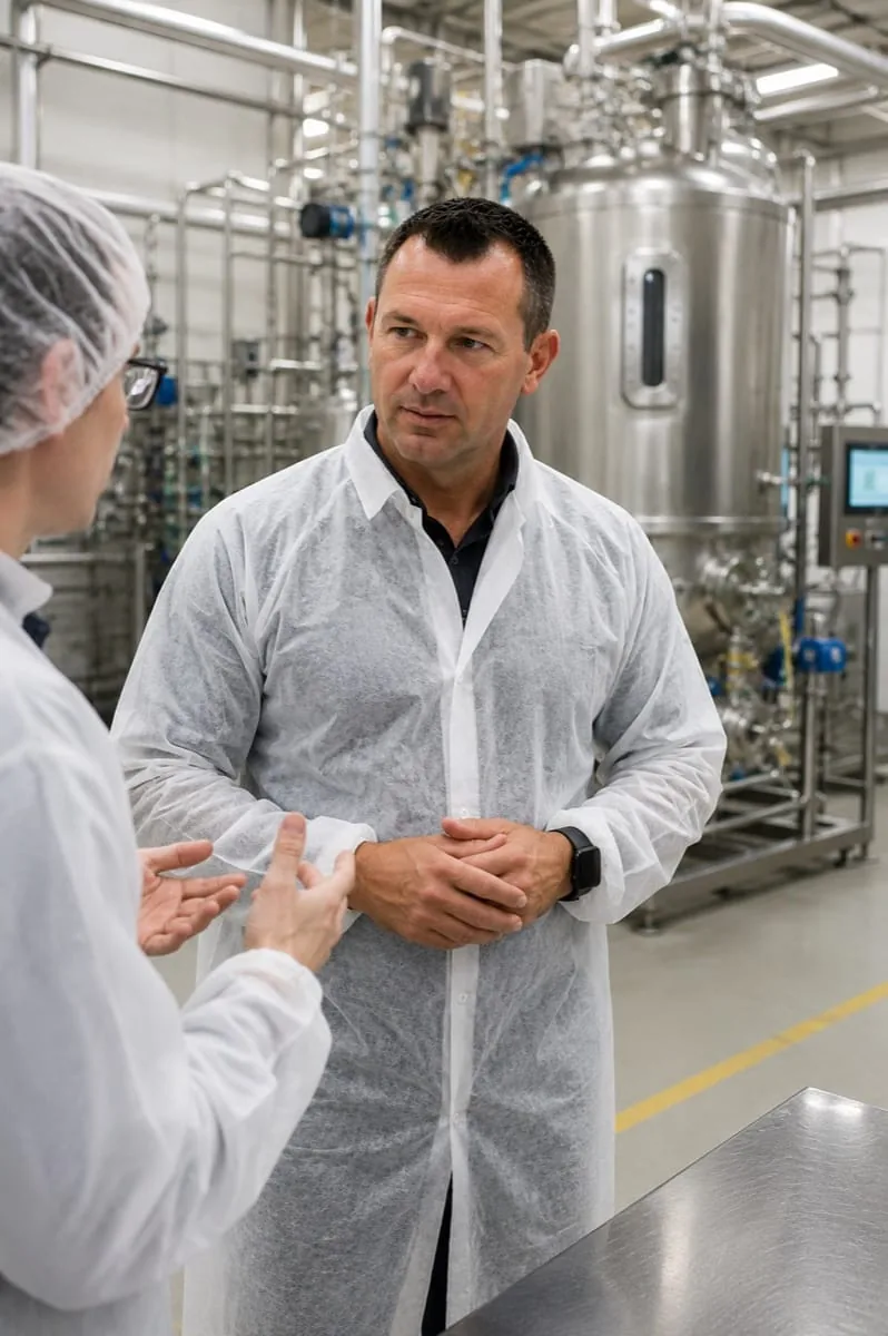 Nicolas Rousseau en visite d'un site de production d'ingrédients, en tenue d'hygiène