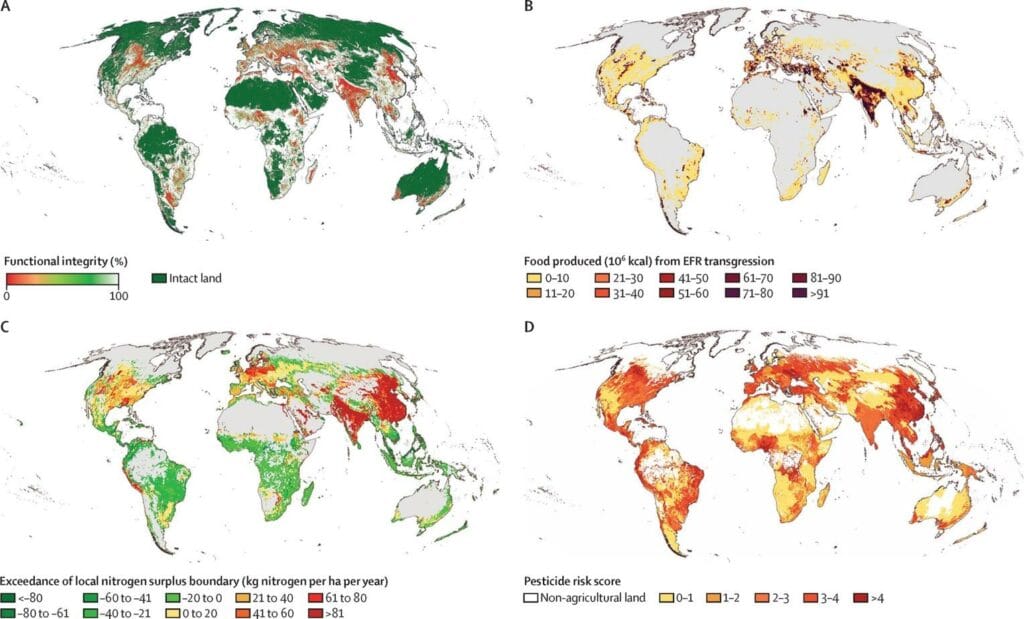 Les pressions environnementales du système alimentaire se concentrent sur quelques “hotspots” : Inde, Chine, Europe et Moyen-Orient. Les marges de progrès y sont les plus fortes. Source : Eat-Lancet 2025